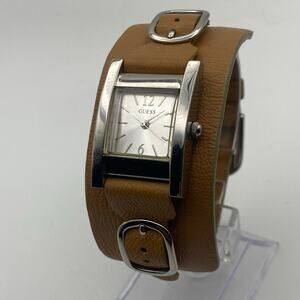 Chic Guess G55341L Silver-Tone & Tan Leather Cuff Watch Working New Battery